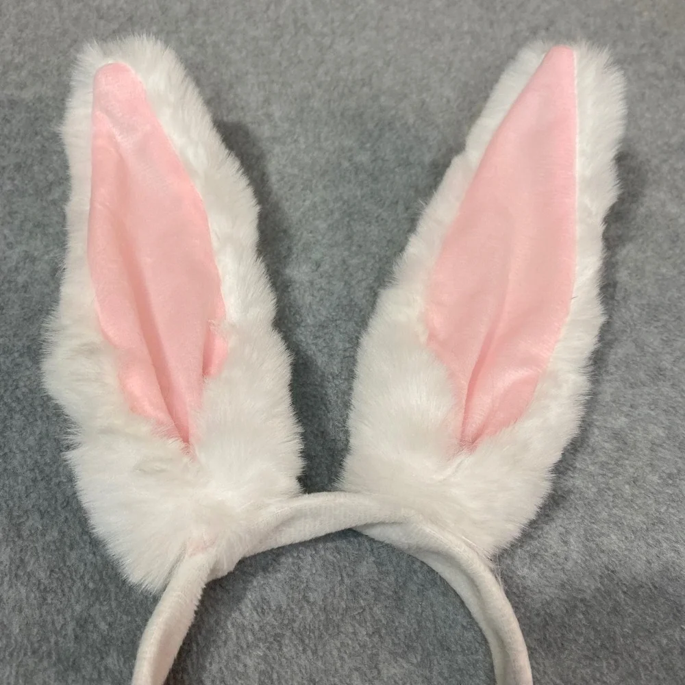 Bunny Ears Headband Poseable Plush White‎ Pink Faux Fur Easter Costume Party New